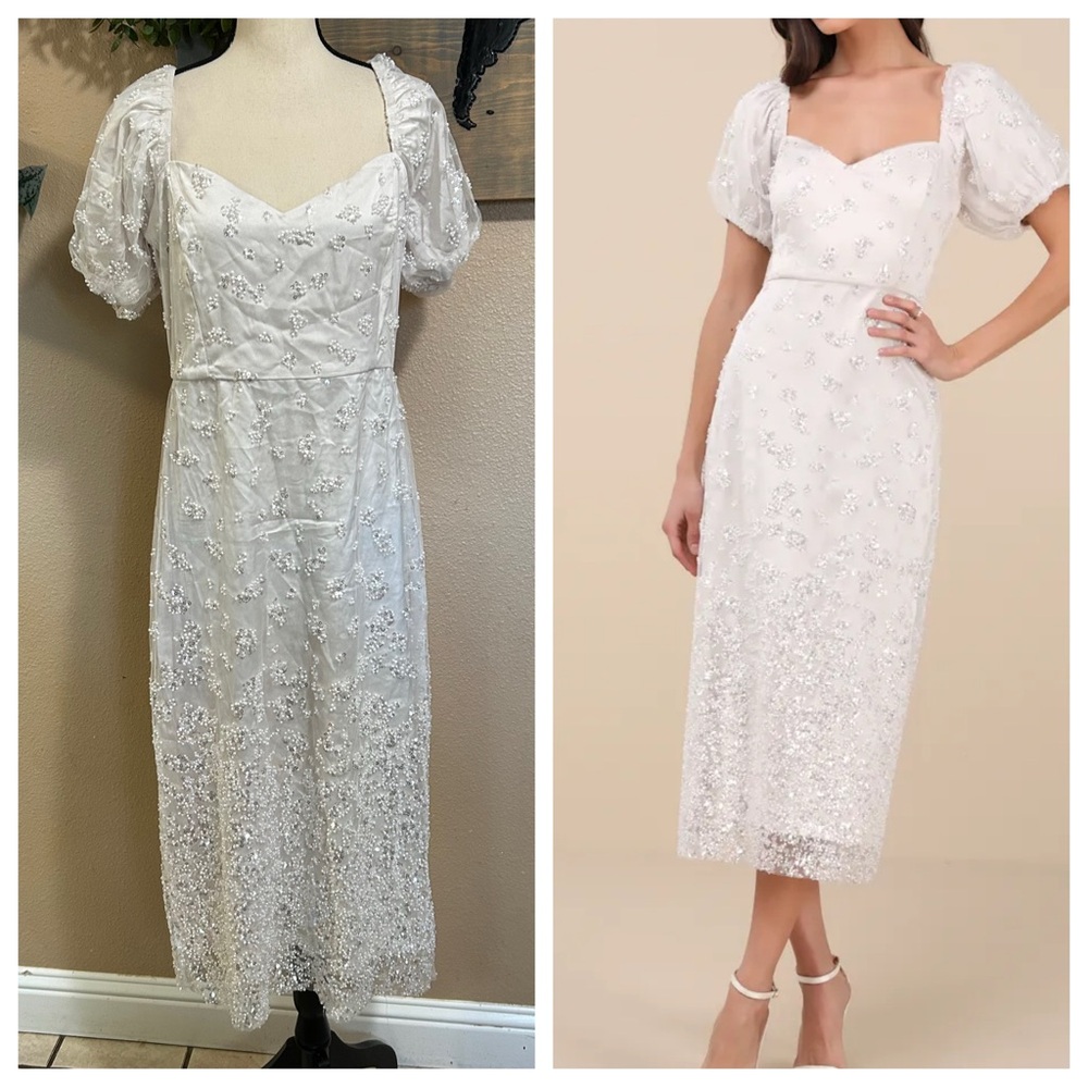 NWT Glorious Poise Ivory Sequin Pearl Puff Sleeve Midi Dress
